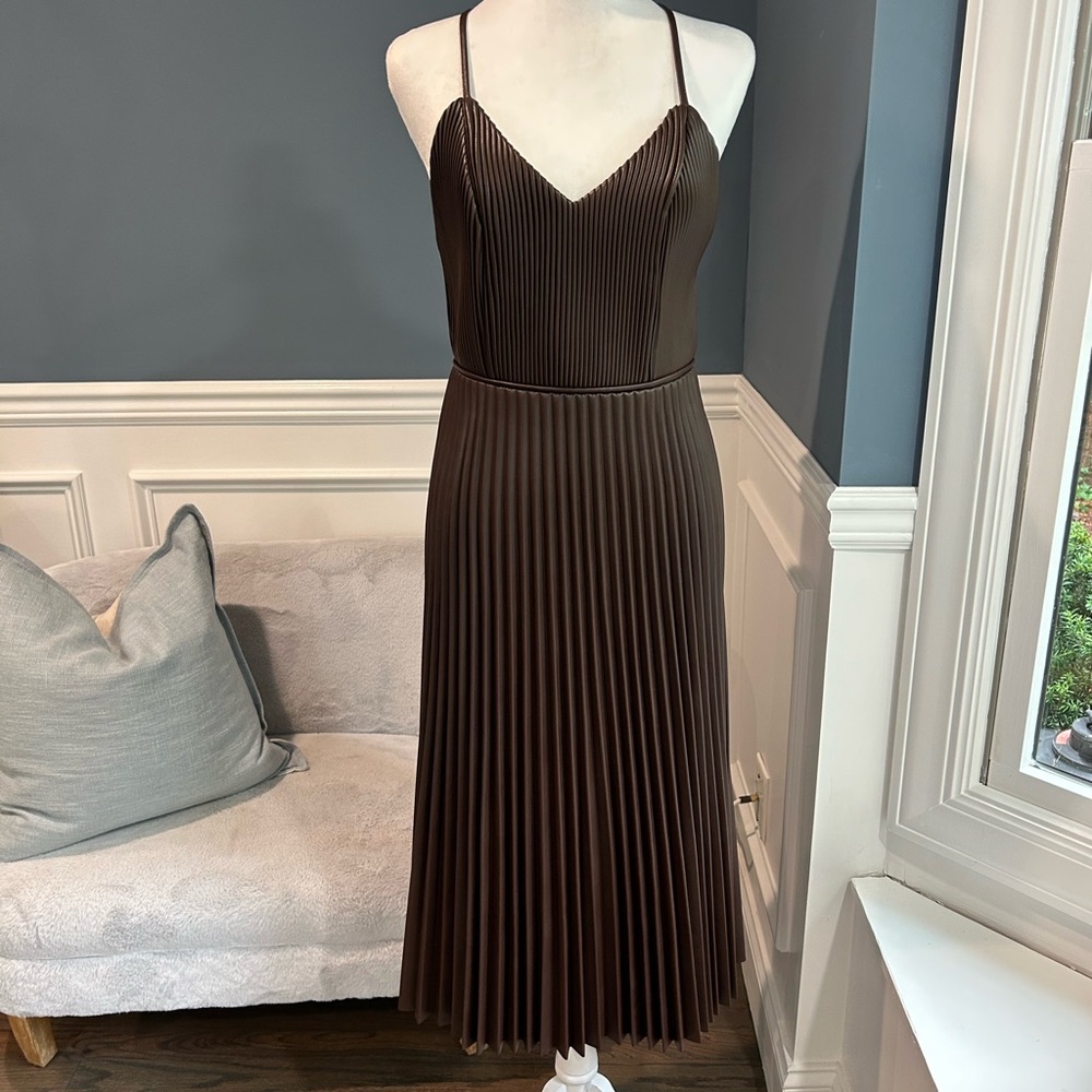 Chocolate Brown Vegan Leather Pleated Midi Dress NWT